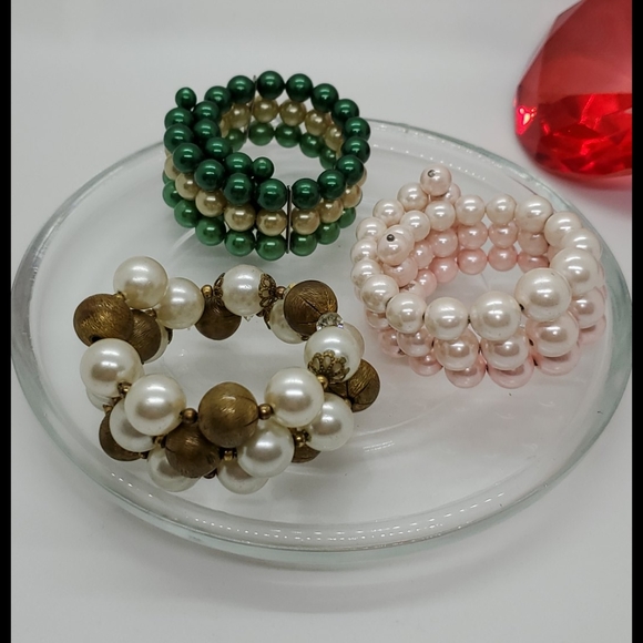 Lot of 3 Vintage faux pearl memory wire bracelets white gold cream wristie retro - Picture 2 of 7